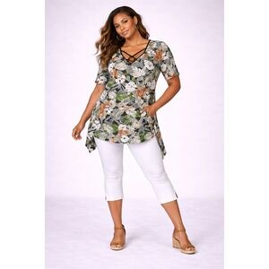 Zim & Zoe Size 18 Emily Tunic Top Savanna Foliage Tropical Ring Neck Sharkbite